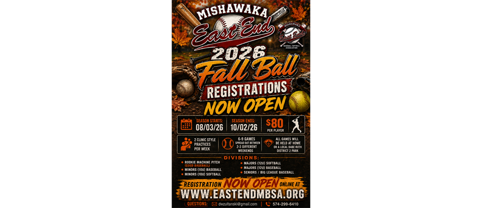 2026 Mishawaka East End Fall Ball Registrations Open Now